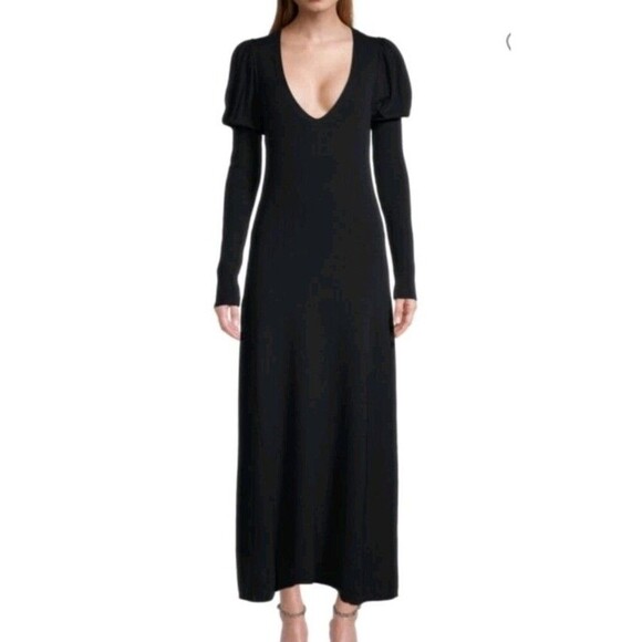 REBECCA TAYLOR Ribbed Knit V-Neck Puff Sleeves Midi Dress Stretch Black Size S - Picture 1 of 13